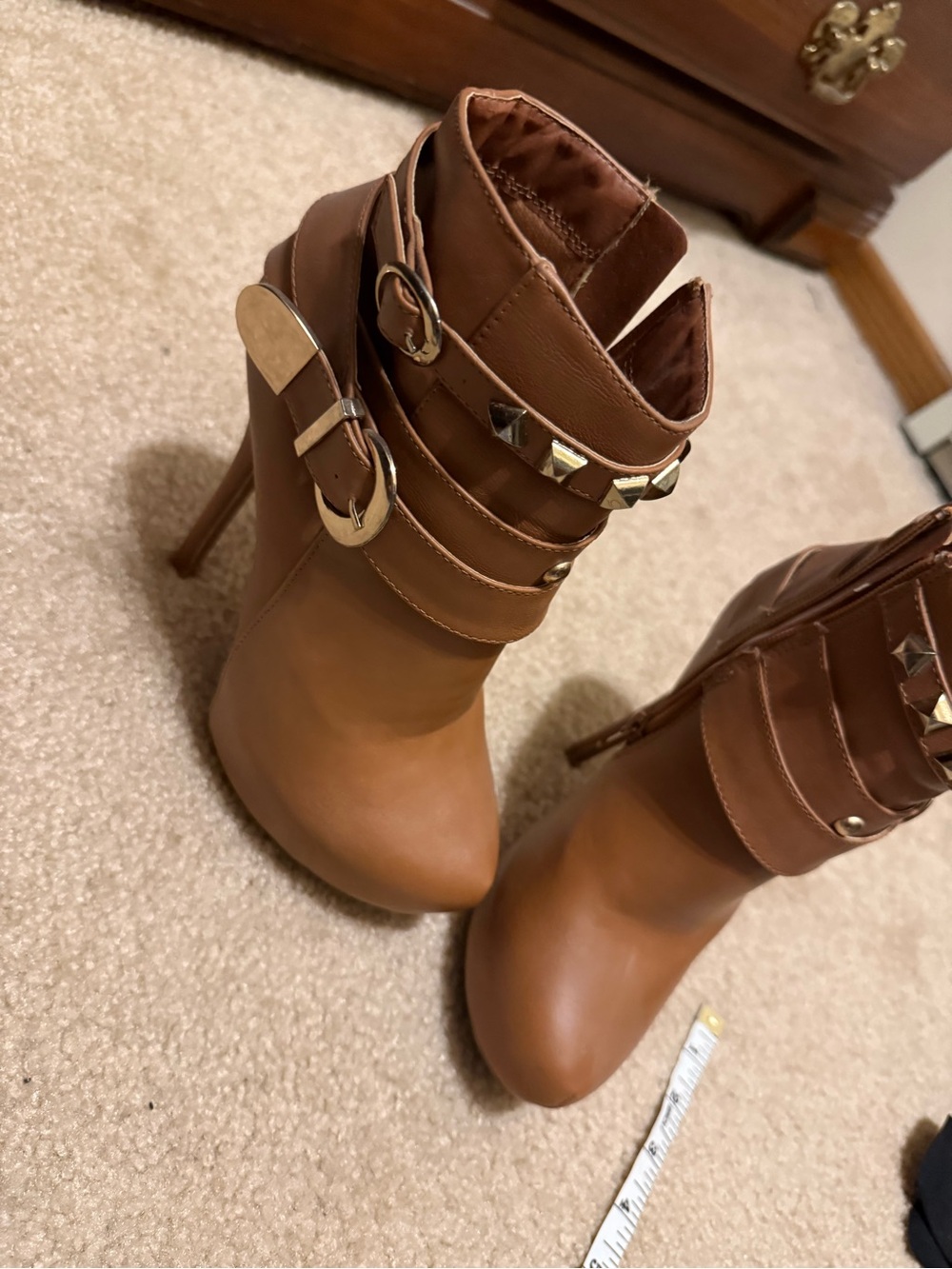 Wild Diva Brown High Heel Ankle Boots with Buckle & Stud Detail